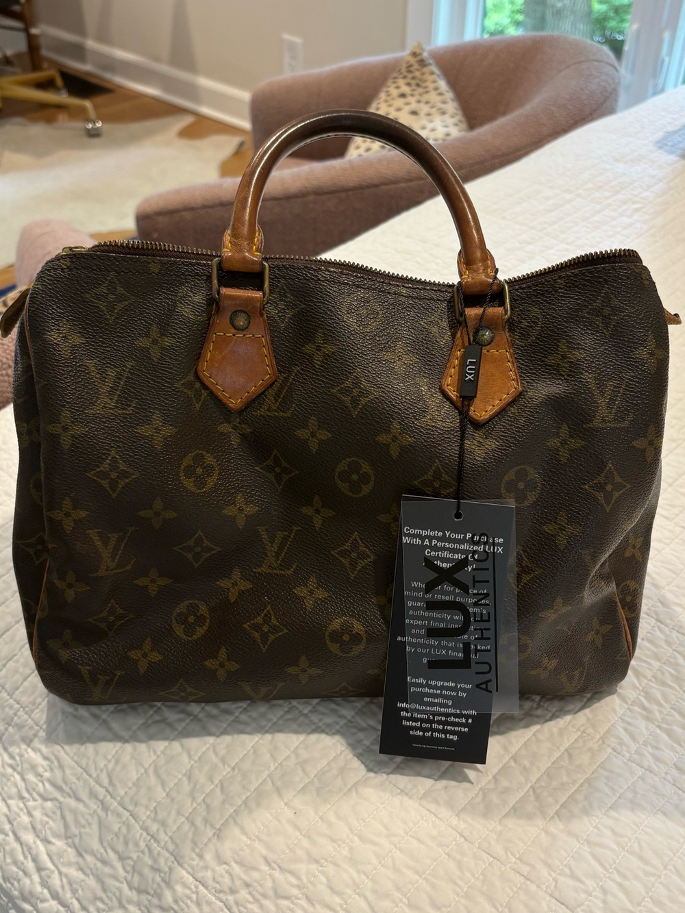 Louis Vuitton Brown Monogram Satchel with Tan Leather Handles
